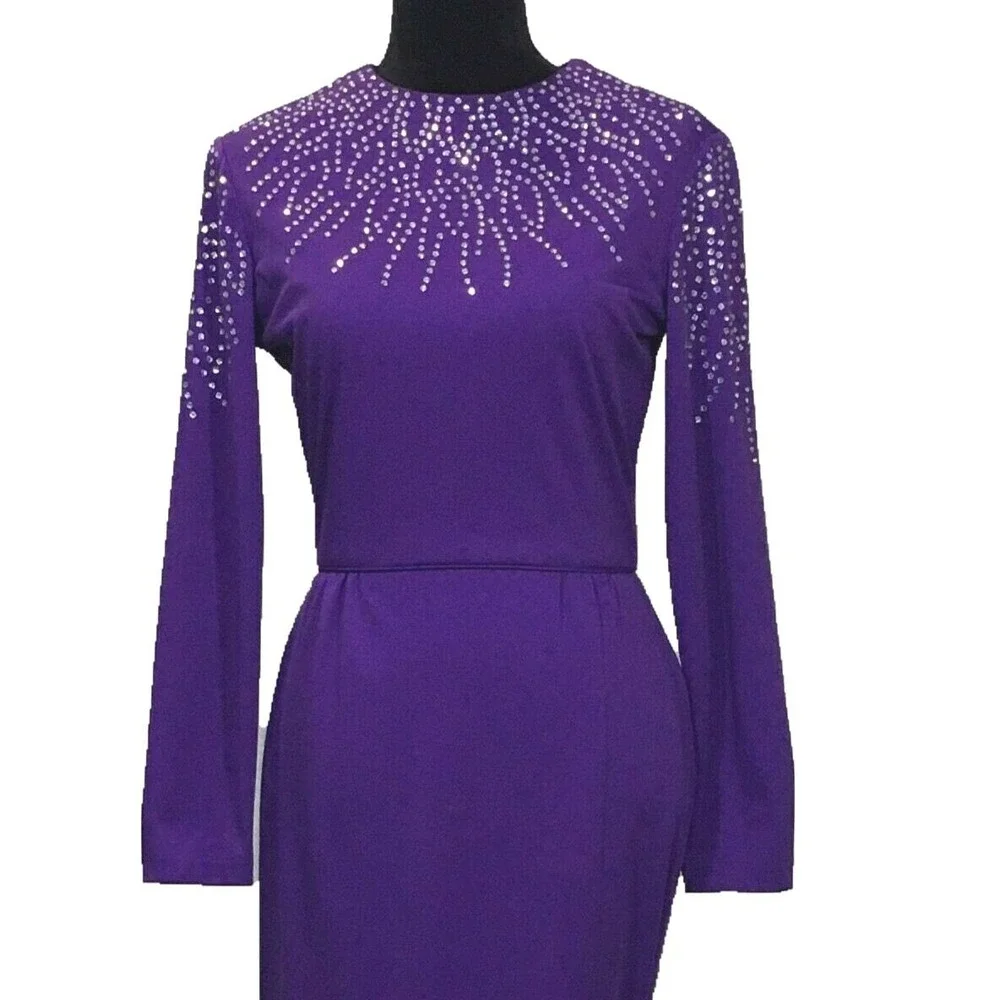 VTG RANDYS Glamorous Knit‎ Jersey Long Dress Dark Purple Rhinestone Embellish